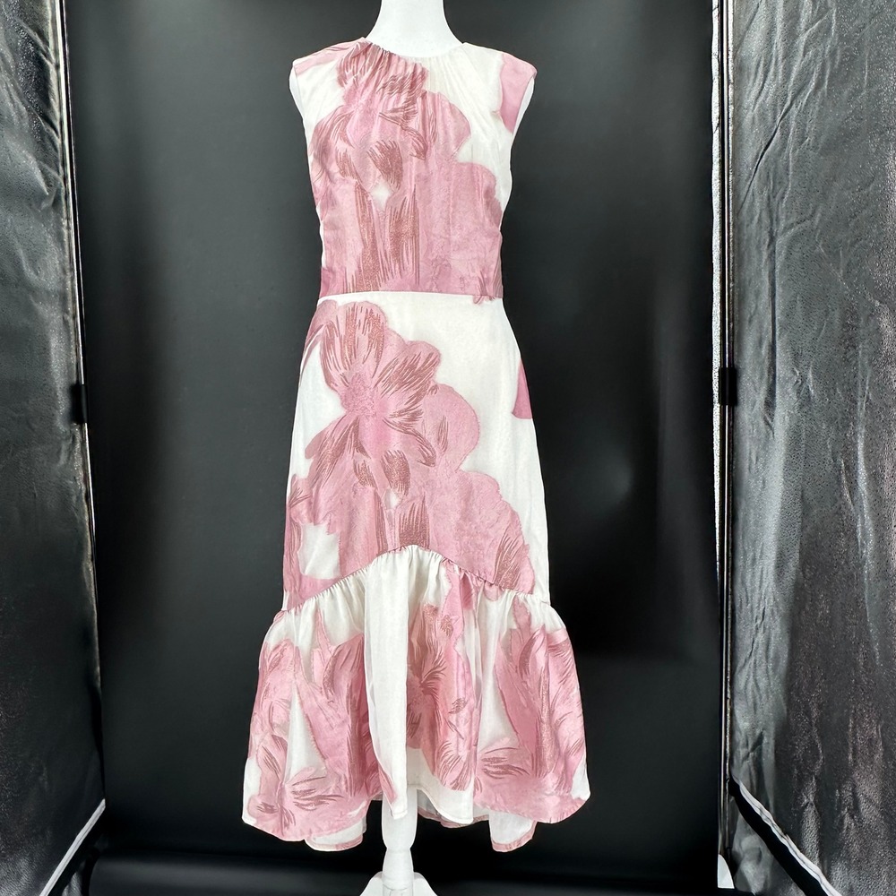 Kay Unger Pink White Beatrix Floral Ruffled Hem Cocktail Homecoming Dress Size 8